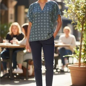 ROZ & ALI XL Boho Tile Print Blouse Teal Navy Lightweight Top